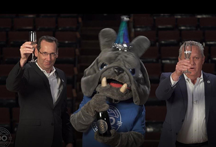 Santa Barbara County 5th District Supervisor Steve Lavagnino, Spike the Bulldog, and Hancock Superintendent/President Kevin G. Walthers, Ph.D at the Centennial Celebration.